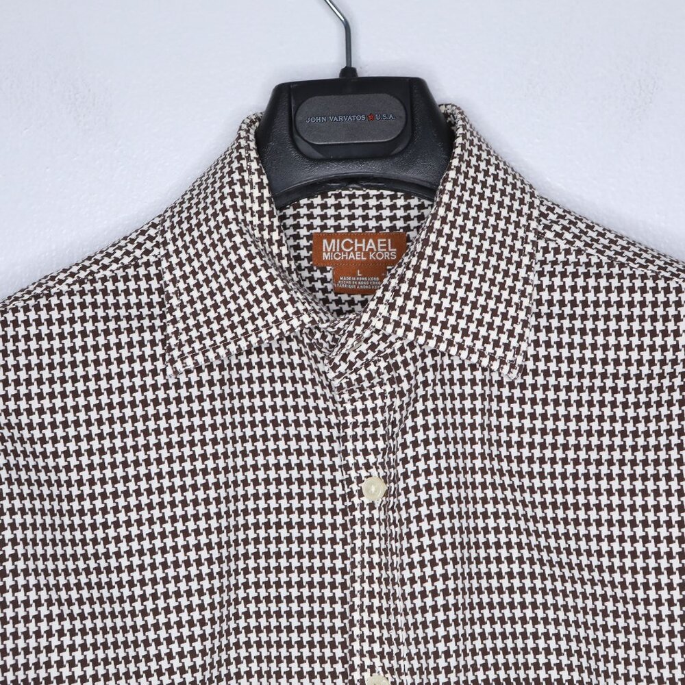 Vintage Michael Kors Men's Brown & White Houndstooth 100% Cotton Dress Shirt - Picture 3 of 7